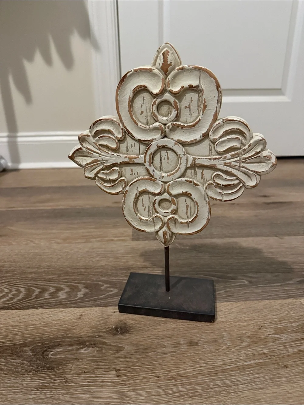 Distressed Cream Decorative Carved Wall Accent on Stand